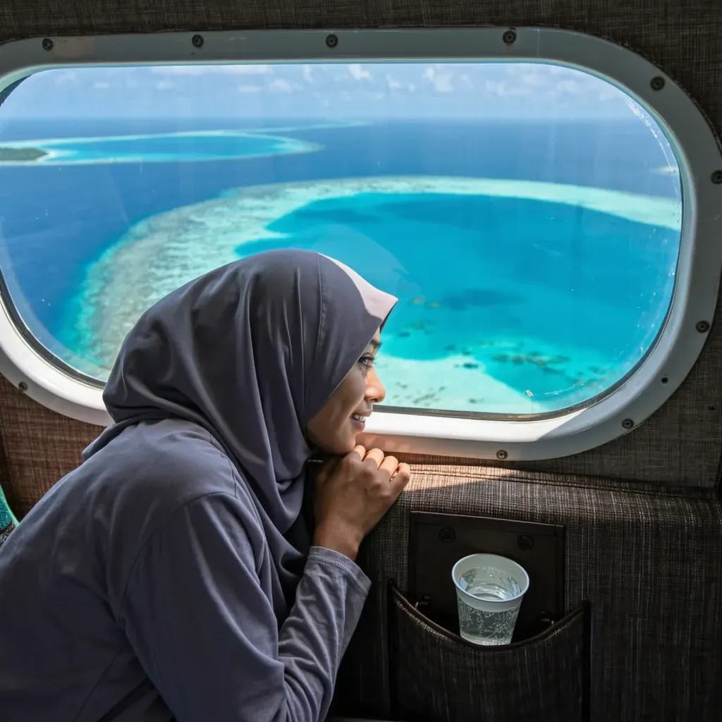 A woman in a hijab looking out of an aircraft window at a ring-shaped atoll and its turquoise lagoon below