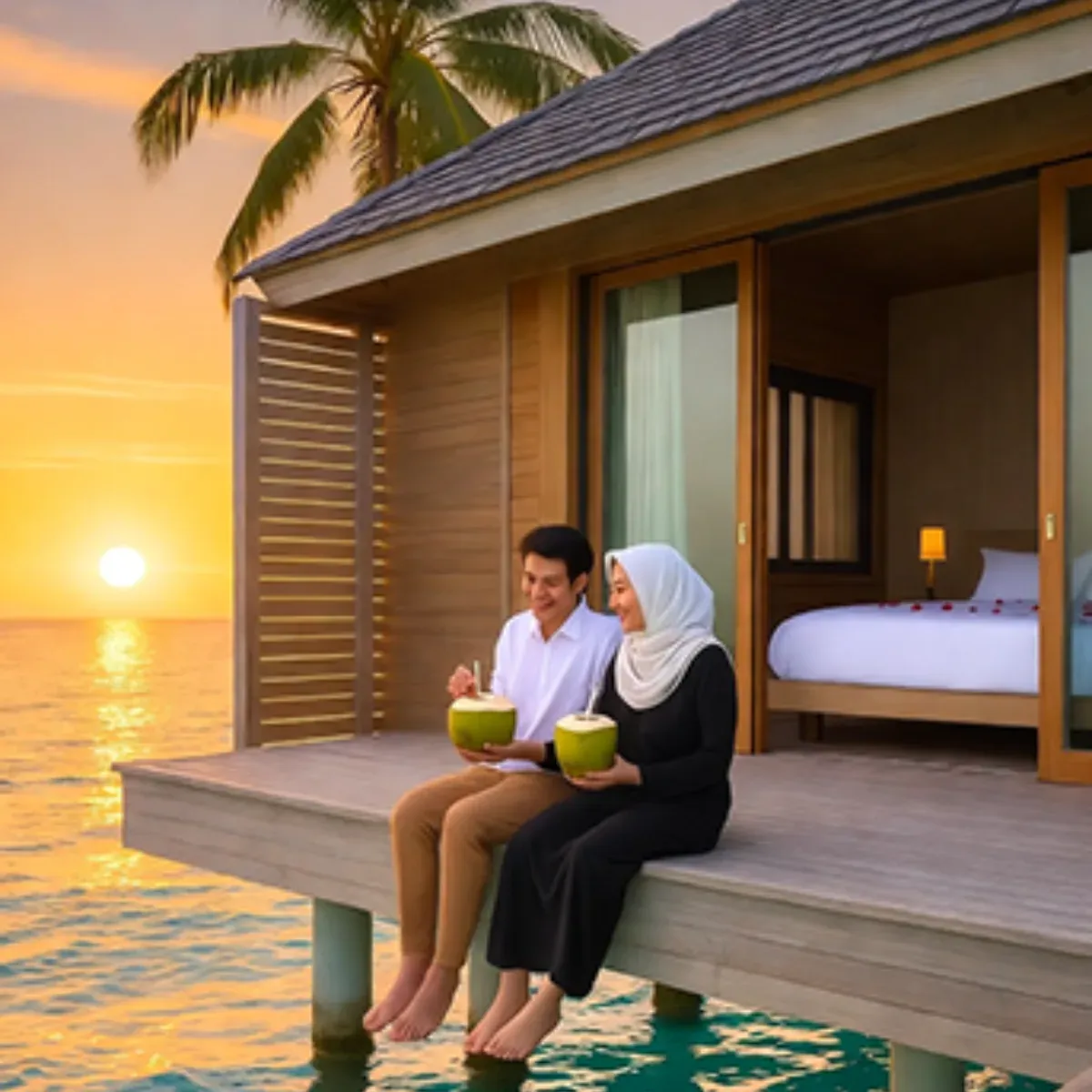 a couple sitting on the deck of an over-water villa at sunset, barefoot with coconuts in hand, the villa's lit bedroom visible behind them and the sun setting over the sea
