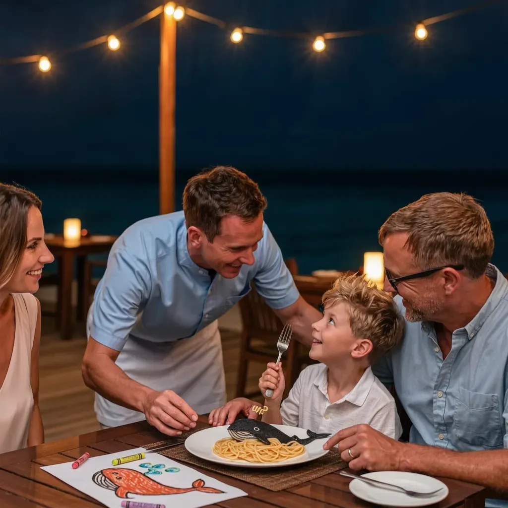 A family at a table on a resort deck at night while a waiter serves dinner, string lights overhead
