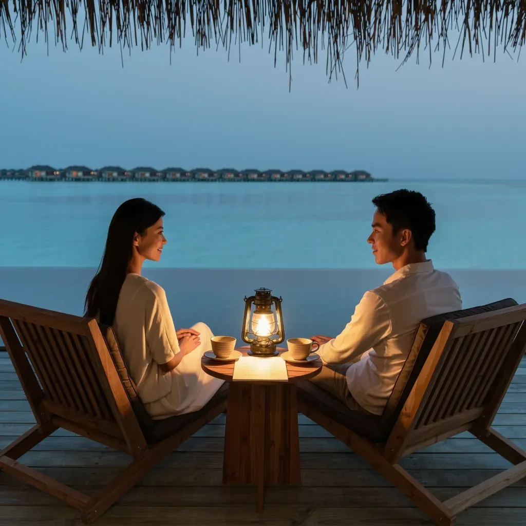 A couple sitting opposite each other on a deck at dusk, a lit lantern on the table and overwater villas on the horizon
