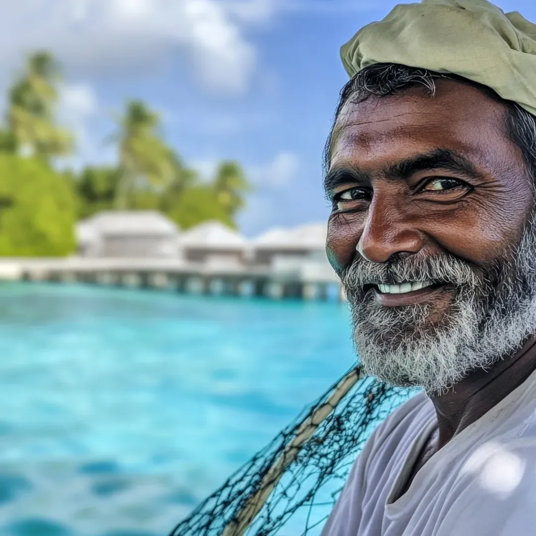 a smiling older Maldivian fisherman with a white beard, a khaki cloth head wrap and a white shirt, a green fishing net beside him, turquoise water and over-water bungalows blurred behind