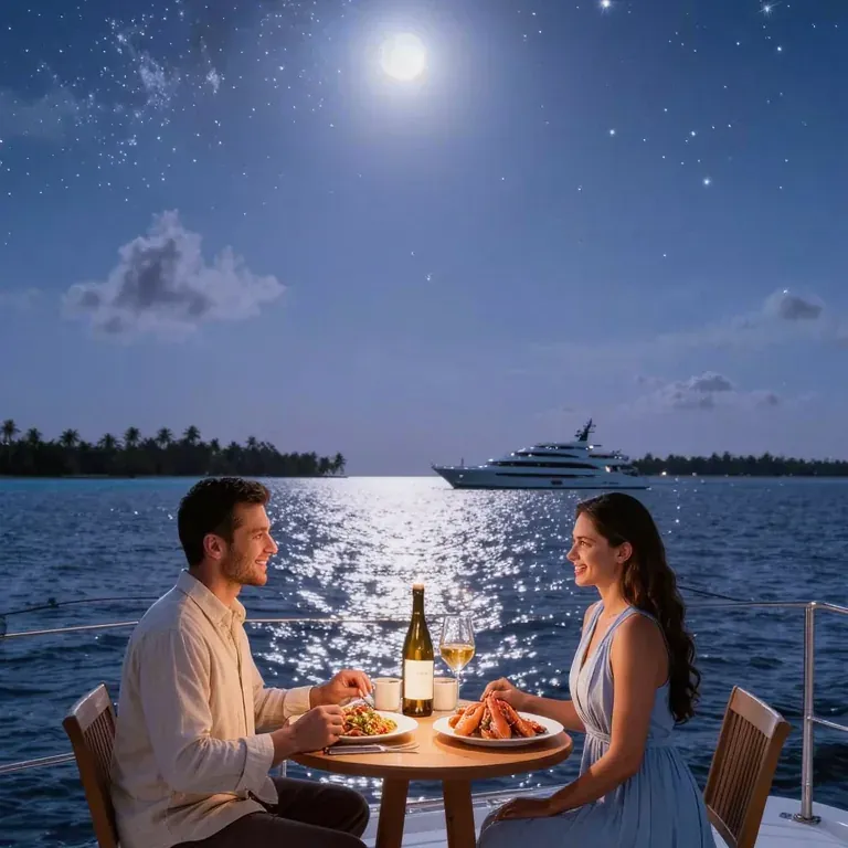 two people seated across a table for two on a boat deck at night, dinner and wine between them beneath a bright moon and a starry sky, the water glittering behind