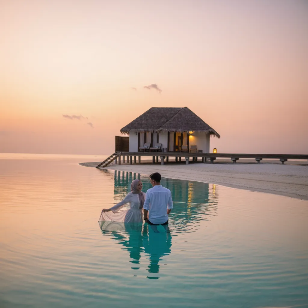 a couple standing waist-deep in a calm turquoise lagoon at sunset, facing each other, a thatched villa on stilts lit behind them — the feeling of this babymoon