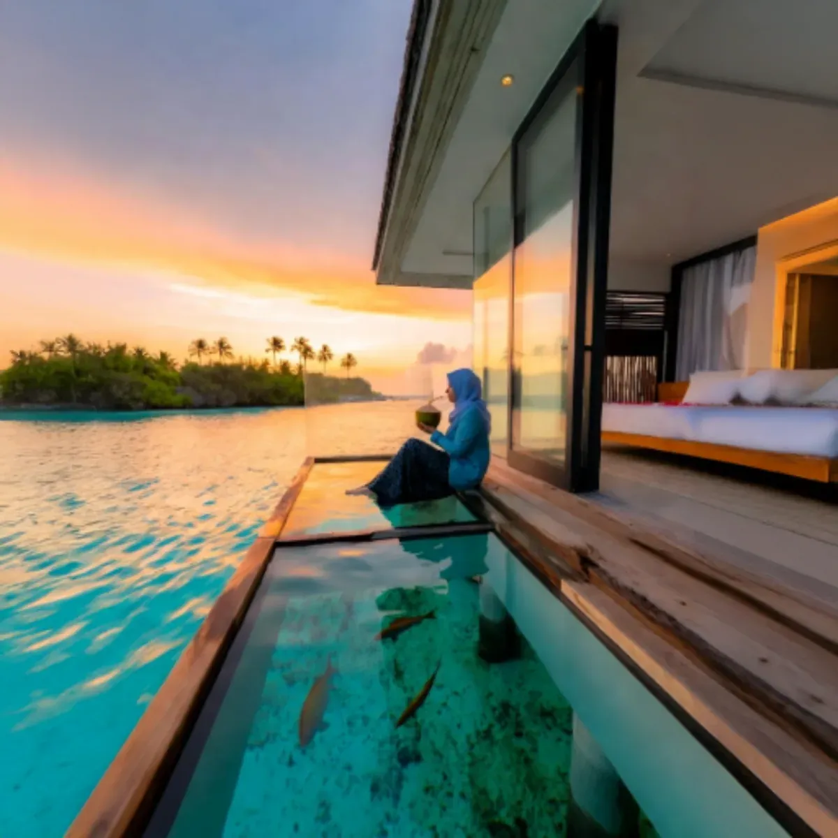 an over-water villa deck at sunset, a guest seated by a glass floor panel above the lagoon, the villa interior lit behind