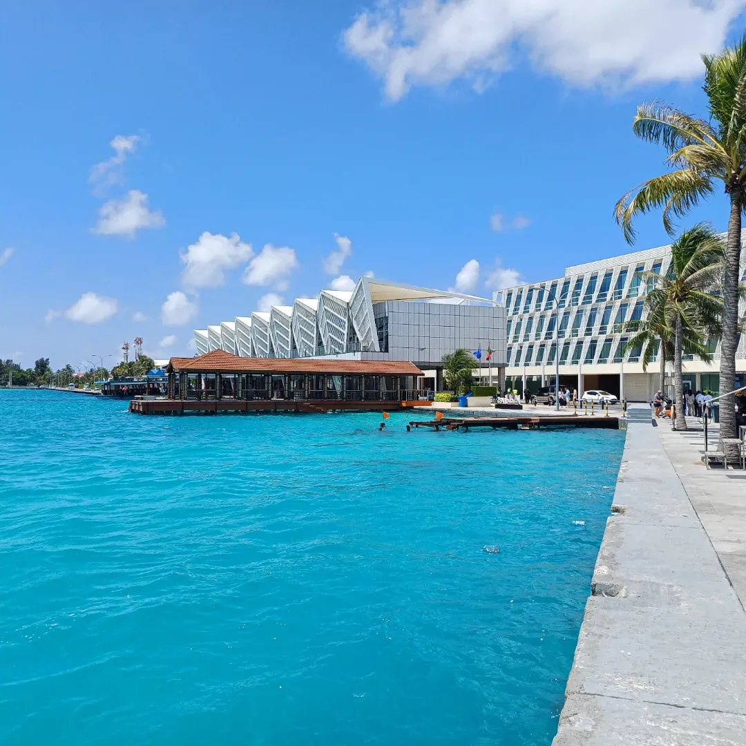 two people clasping hands in welcome on a wooden jetty, luggage at their feet, the turquoise lagoon beyond