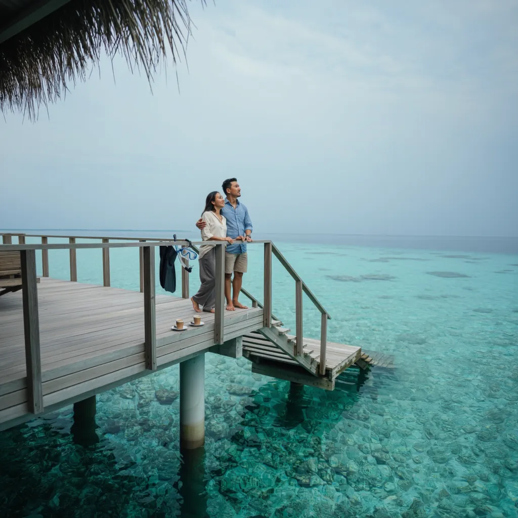 a couple standing barefoot at the railing of a wooden water-villa jetty, looking out over a clear turquoise lagoon as the light turns blue — the feeling of this trip