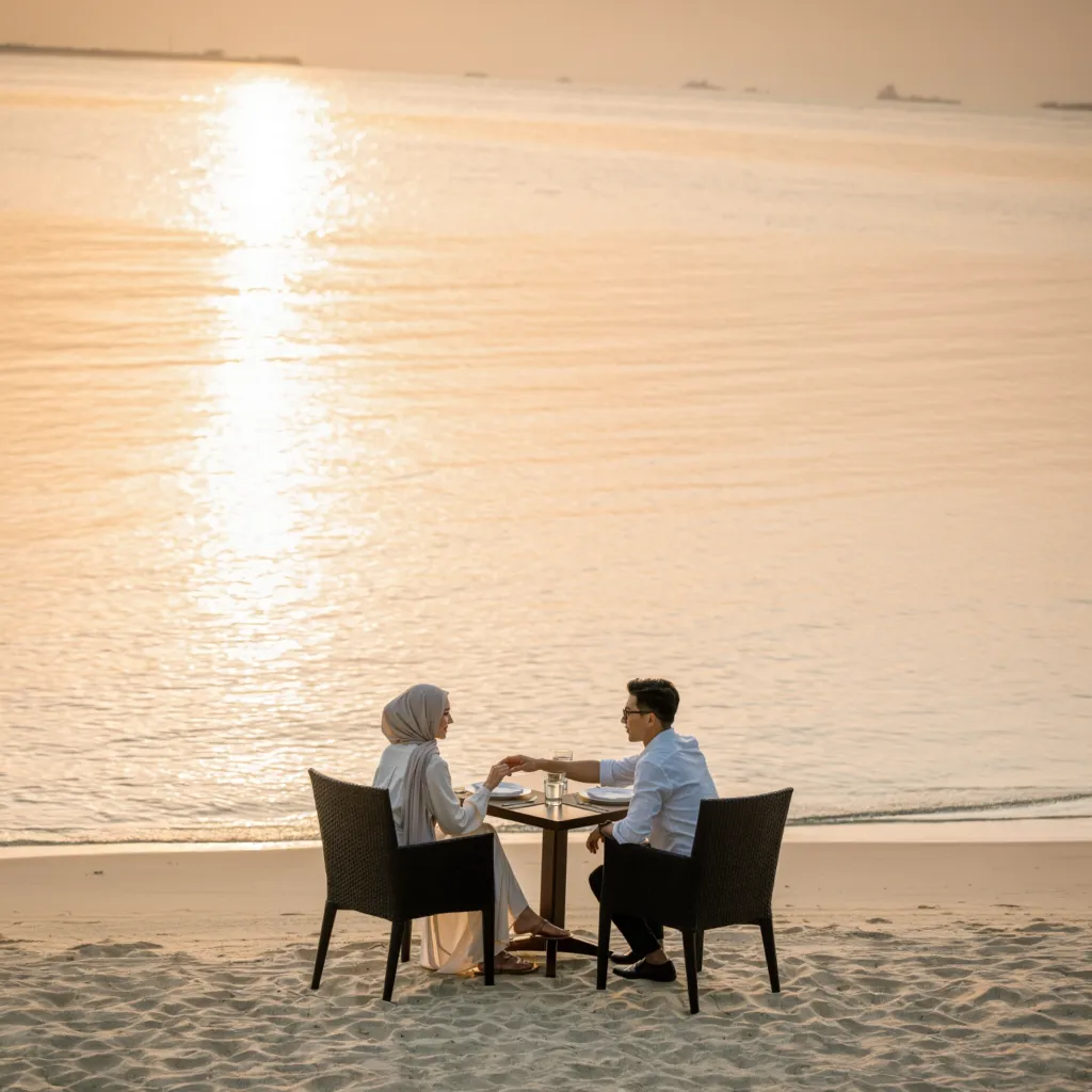 a couple seated at a table for two on the sand at golden hour, holding hands across it, the lagoon glowing behind them — the feeling of this honeymoon