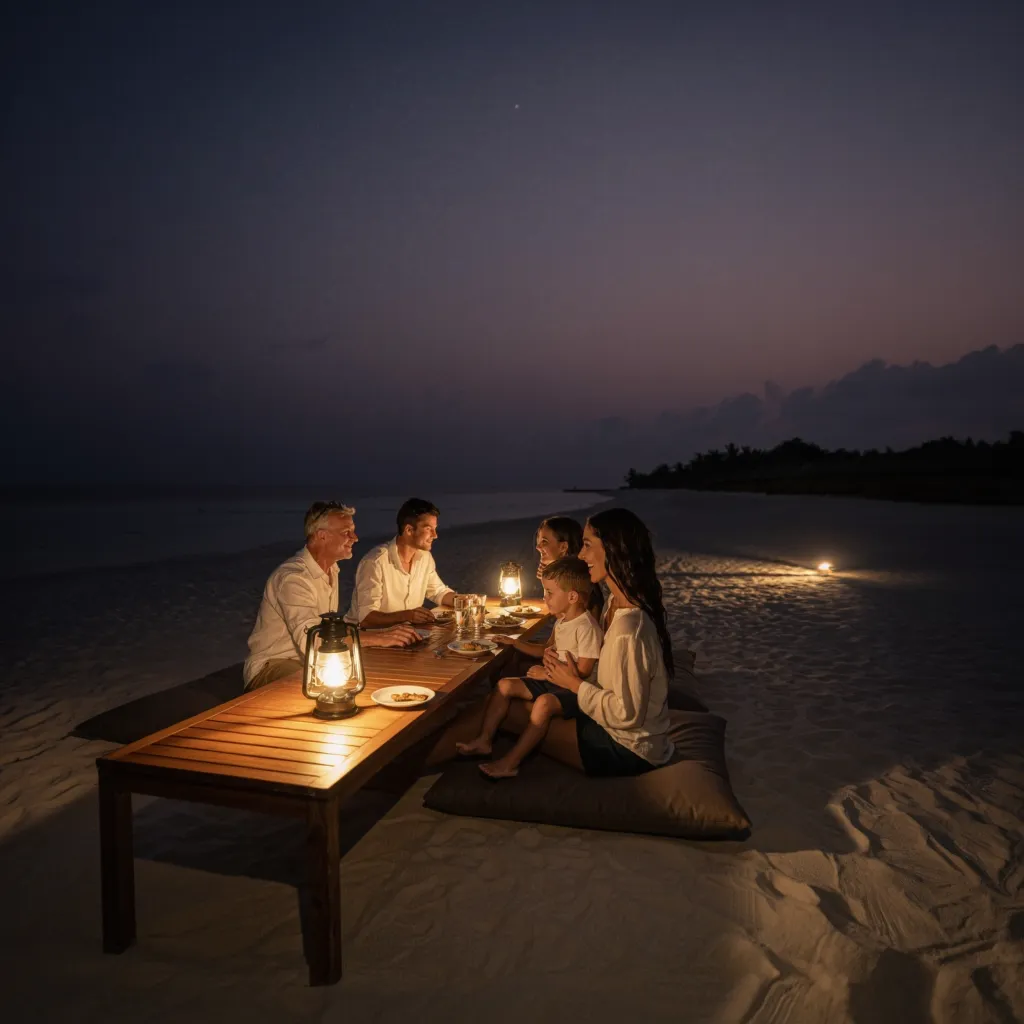 three generations seated on cushions around a lantern-lit table set on the sand at dusk, children beside their grandparents