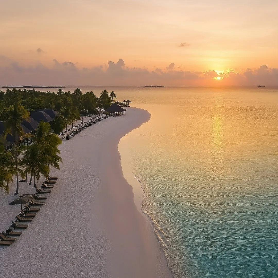 aerial view of a curve of white sand lined with sun loungers and palms, the sun low over a calm lagoon — the feeling of this trip