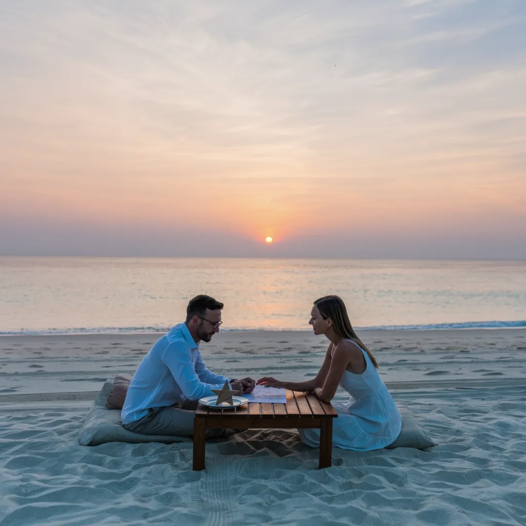 a couple seated on cushions either side of a low table set on the sand, facing each other as the sun sets over a calm sea behind them