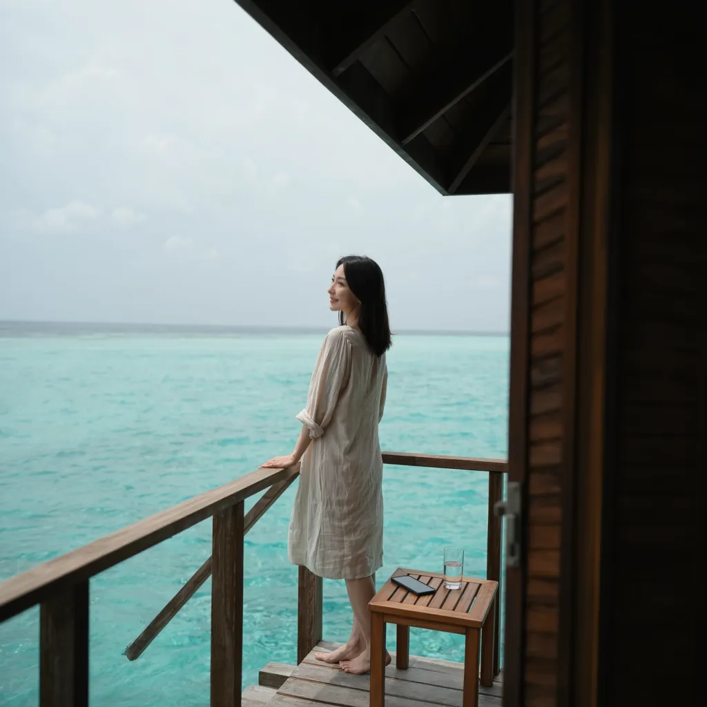 a woman in a linen dress standing at the railing of a water-villa deck, looking out over the turquoise lagoon, a glass of water on a side table beside her