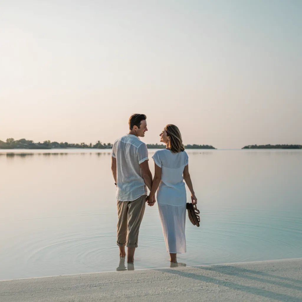 a couple walking hand in hand through ankle-deep water at the edge of a sandbank, turning to smile at each other, island palms on the horizon