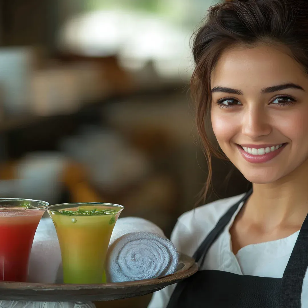 a smiling host in a black apron offering a tray of welcome drinks and folded cool towels, the resort blurred behind her