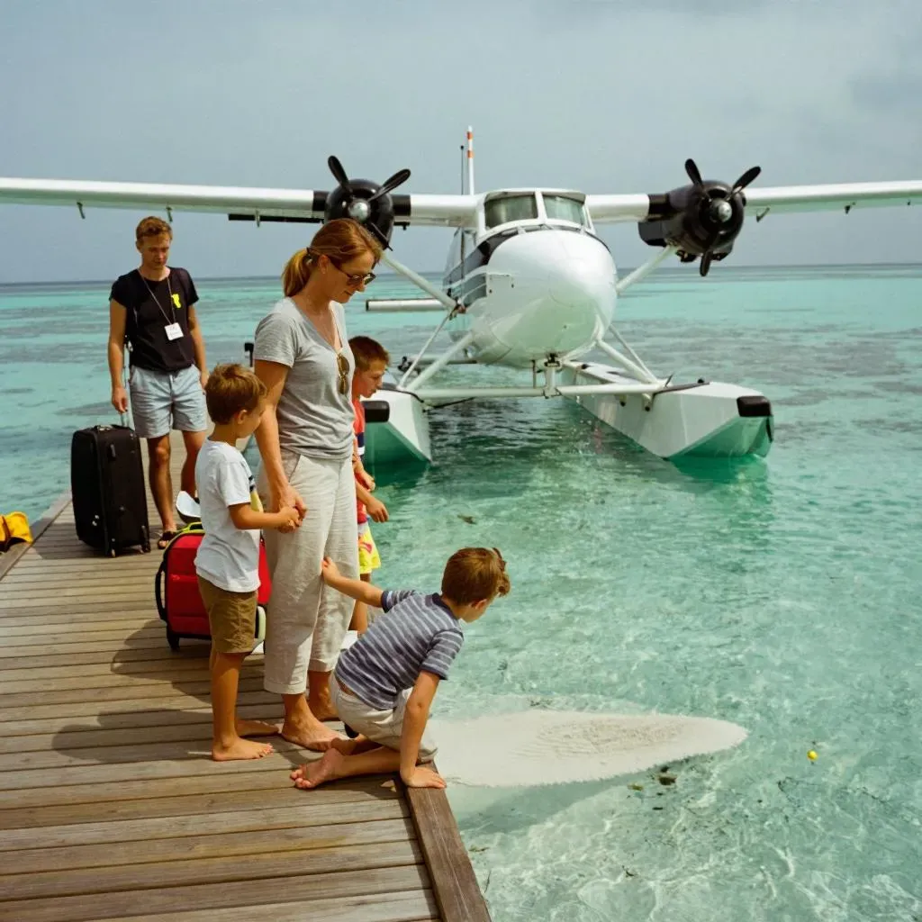 A family with luggage on a wooden jetty beside a seaplane floating on a turquoise lagoon