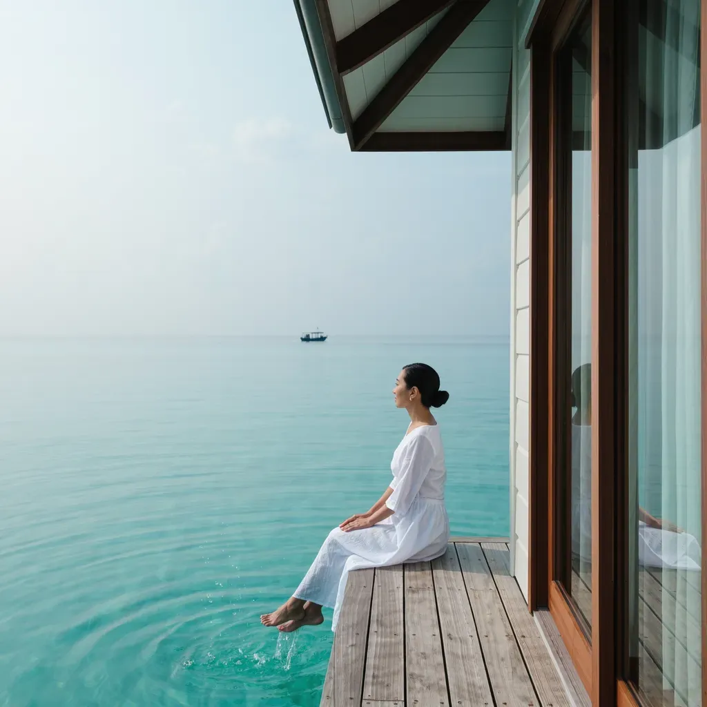 A woman sitting on the deck of an overwater villa with her feet in the lagoon, a small boat on the horizon